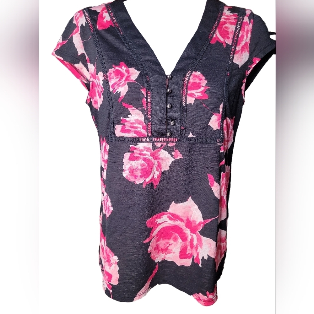 7th Ave Floral V-Neck Women's‎ Top - Pink and Black Sz Xs